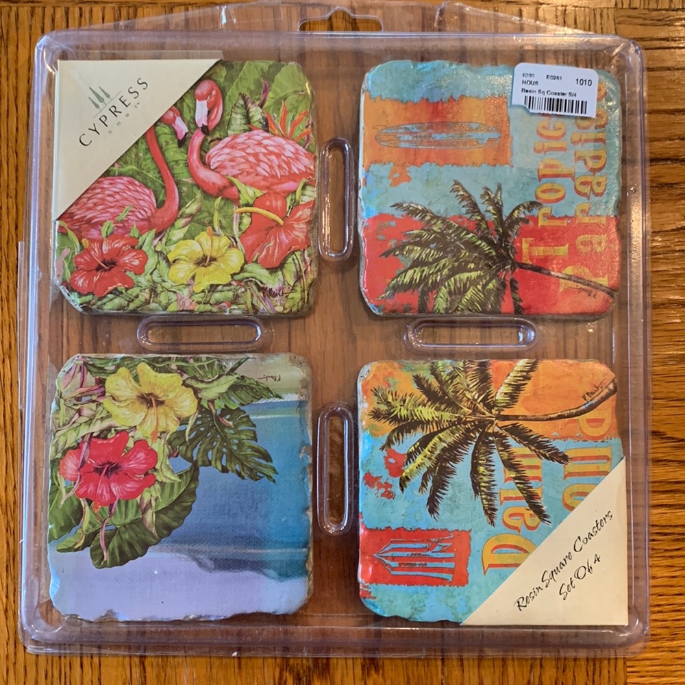 Cypress Home Resin Square Coasters with a Tropical Theme, set of 4